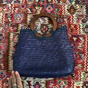 Chaps Navy Woven Tote with Wooden Handles